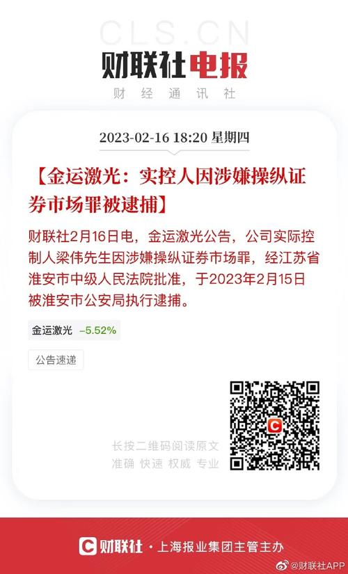 操纵证券市场罪!金运激光实控人梁伟获刑四年 罚金1200万元