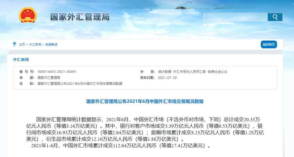 国家外汇局:10月中国外汇市场总计成交24.26万亿元人民币